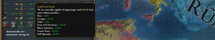 Increase of force limit due to full quantity, offensive, and Rûmi ideas. / EU4