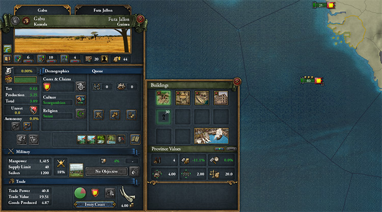 With correct management, the province has a manufactory, workshop, marketplace, and a Shipyard. / EU4