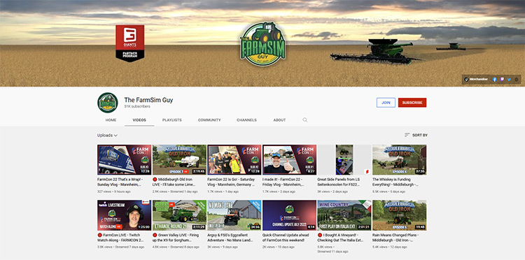 The Farm Sim Guy YouTube channel page screenshot