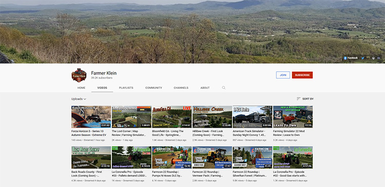 Farmer Klein YouTube channel page screenshot