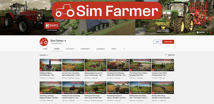 Sim Farmer YouTube channel page screenshot