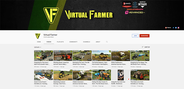 Virtual Farmer YouTube channel page screenshot