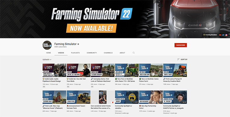Farming Simulator – Official YouTube channel page screenshot