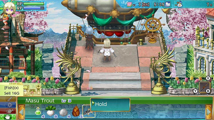 Backpack menu with Masu Trout selected and the “Hold” option on screen / Rune Factory 4