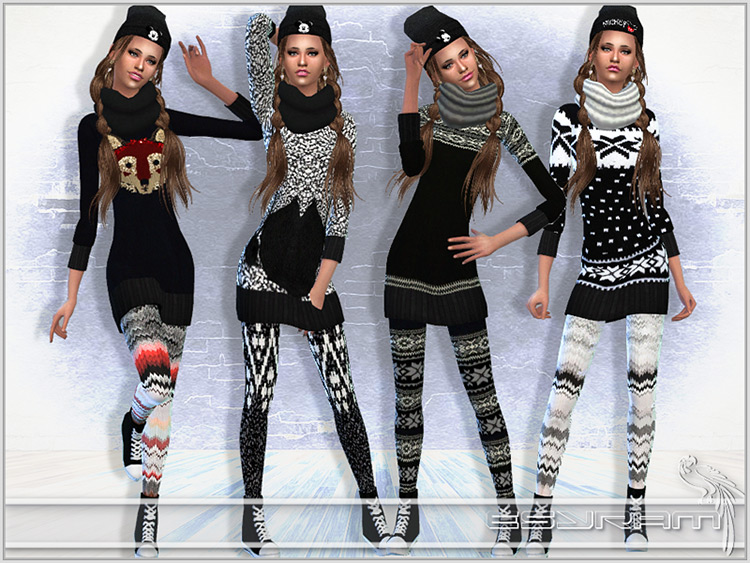 Winter knit sweater dress outfits - Sims 4 CC