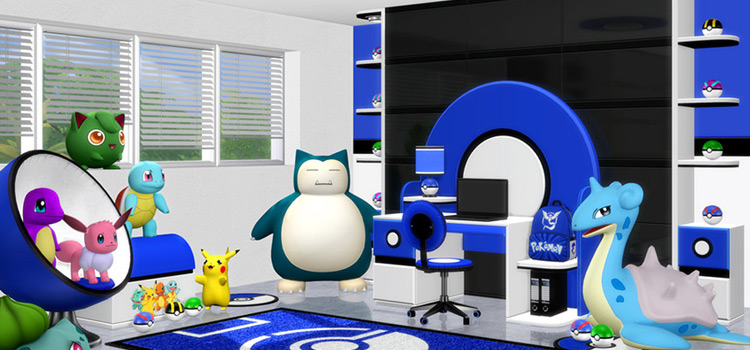 Blue kids room study - Pokemon themed Sims4 CC preview