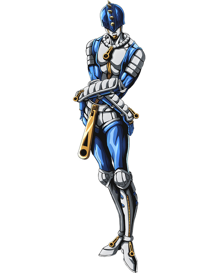 A humanoid jojo's part 4 stand with a sleek and futuristic design, with two  large, metallic hands, and is able to manipulate space and gravity in all  forms