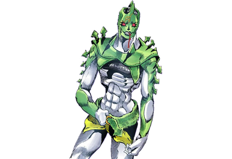 A humanoid jojo's part 4 stand with a sleek and futuristic design, with two  large, metallic hands, and is able to manipulate space and gravity in all  forms, with an astronuatic design