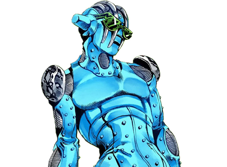 A humanoid jojo's part 4 stand with a sleek and futuristic design, with two  large, metallic hands, and is able to manipulate space and gravity in all  forms