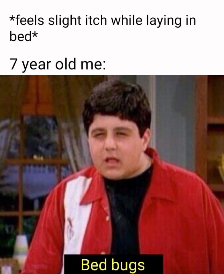 Slight itch in bed? 7 year old me: Bed Bugs (Josh Nichols meme)