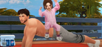 Father and daughter exercise pose in The Sims 4