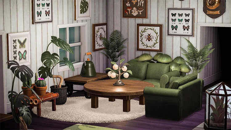 Comfy green living room with framed butterfly theme / ACNH