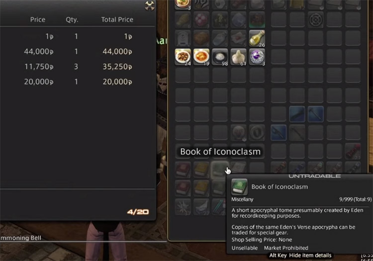 Close-up of FFXIV UI Menu Inventory of Unsellable Item (Market Prohibited)