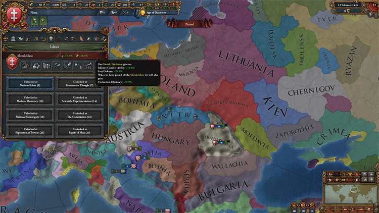 Nitra starts with core provinces and national ideas. / EU4