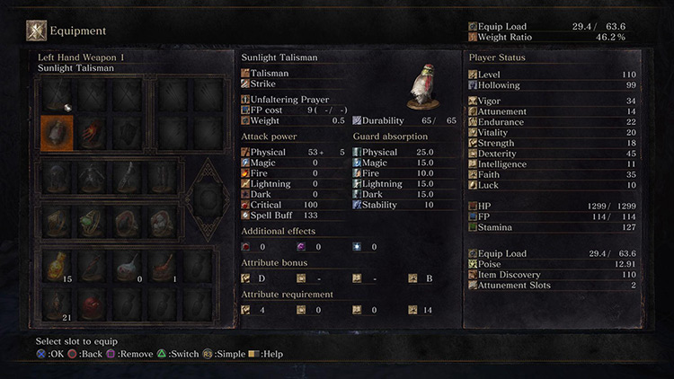 You can find the Spell Buff stat in the ‘Attack power’ column in your talisman’s stat screen / DS3