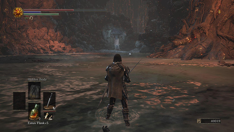 The glowing Shield of Want in the distance, viewed from the second item in the trail / DS3