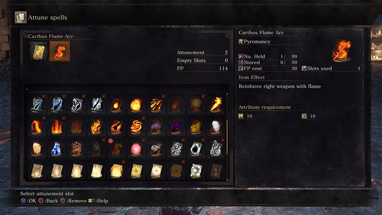 Carthus Flame Arc, viewed in the Attunement menu / DS3