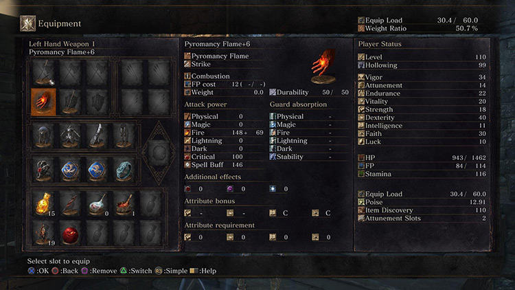 You can find your Flame’s Spell Buff value in its stats screen, under the column marked ‘Attack power’ / DS3
