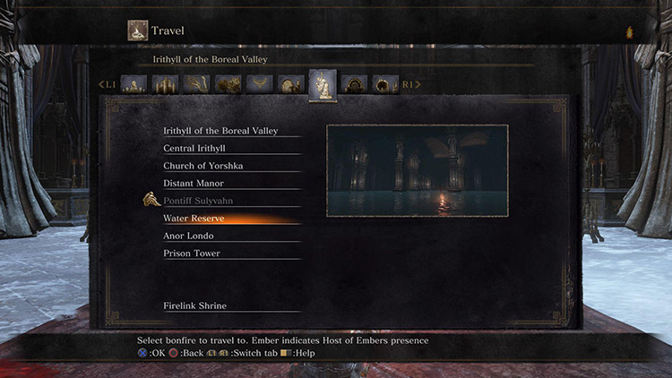 The Water Reserve Bonfire in the fast travel menu / DS3