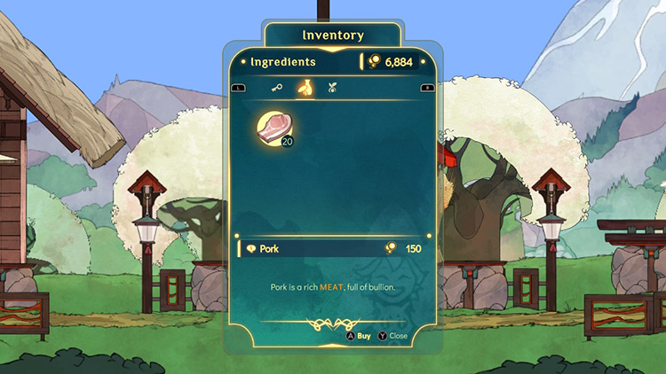 You can buy pork at the Raccoon Store in Furogawa and other locations / Spiritfarer