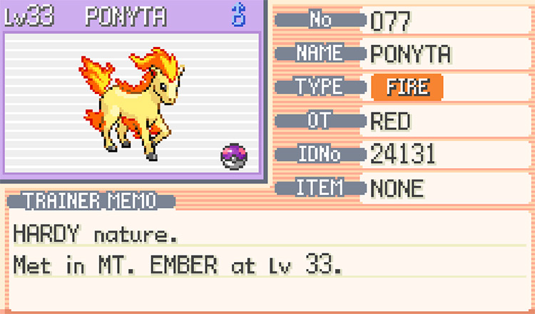 Ponyta's résumé after being caught on Mount Ember/Pokémon FRLG