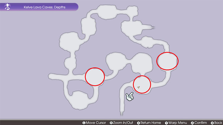 Map of Kelve Lava Caves: Depths - Flame Griffin locations circled / RF5