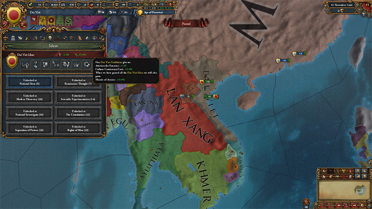 Dai Viet starting situation and national ideas. / EU4