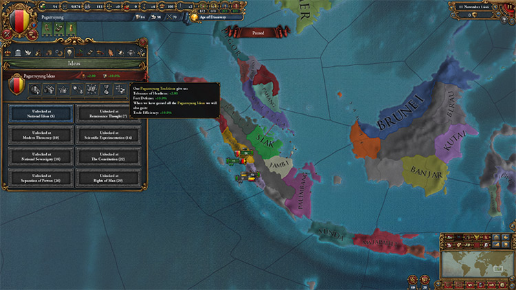 Pagarruyung starting situation and national ideas. / EU4