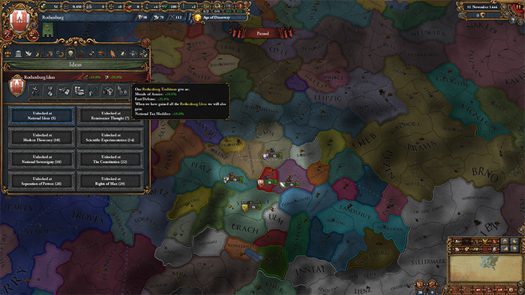 Rothenburg starting position and national ideas. / EU4
