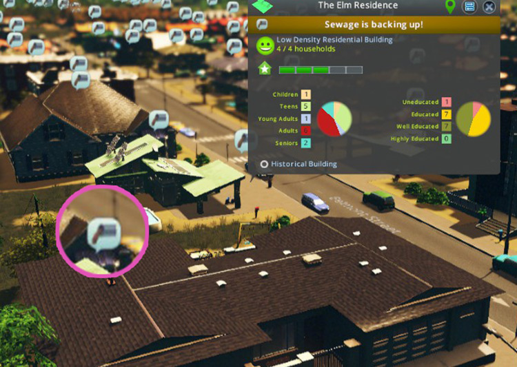 This icon of a pipe spewing out sewage lets you know that sewage is backing up. / Cities: Skylines