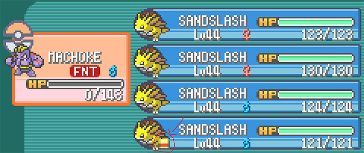 Sandslash holding Soft Sand in the party menu / Pokémon FRLG