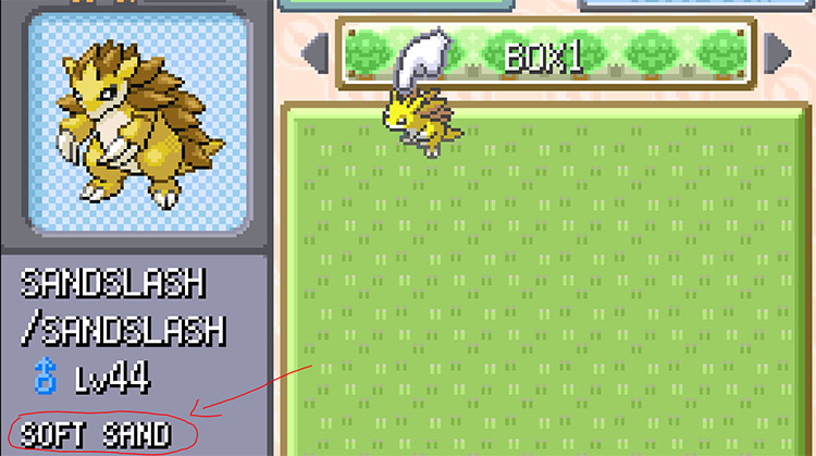 Sandslash holding the Soft Sand in the PC / Pokémon FireRed & LeafGreen