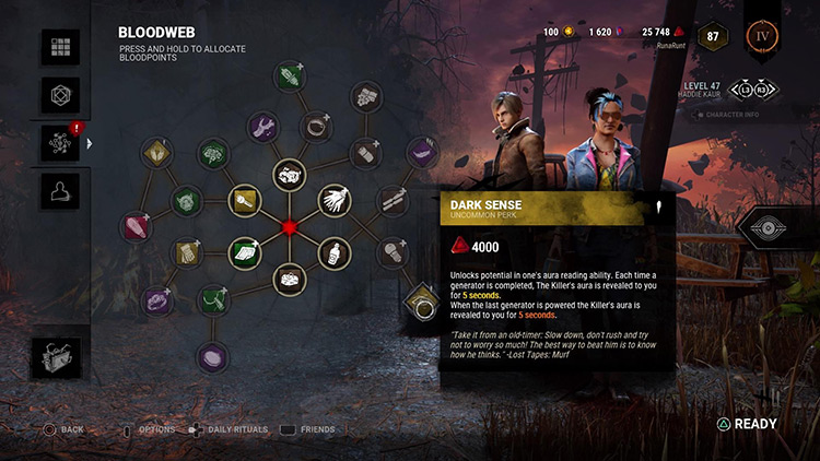 Haddie and Leon next to a bloodweb featuring the Dark Sense perk. / Dead by Daylight