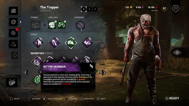 The Trapper next to the information about the Bitter Murmur perk. / Dead by Daylight