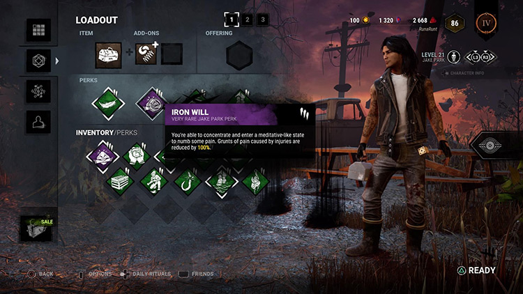 Jake Park next to the information about the Iron Will perk. / Dead by Daylight
