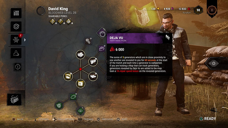 David King next to the information about the Déjà Vu perk in the bloodweb. / Dead by Daylight