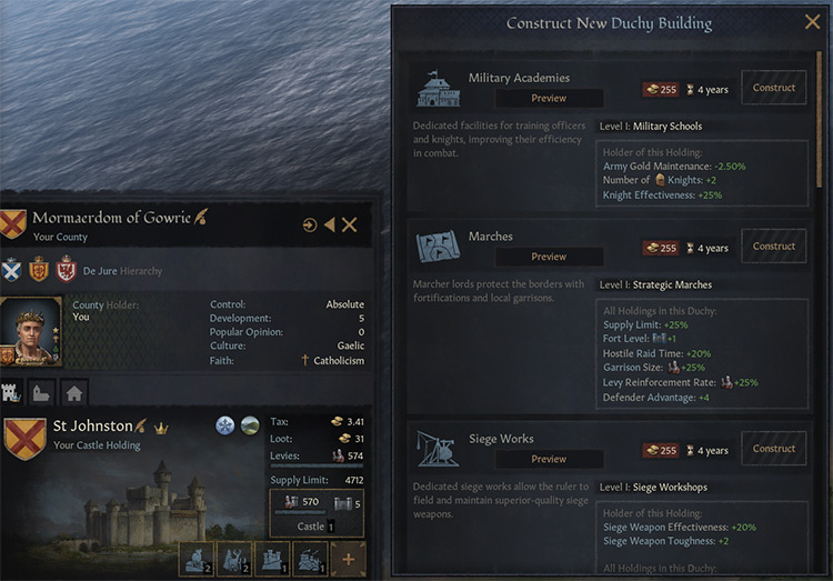 The upgrade and construct screen for players / Crusader Kings III