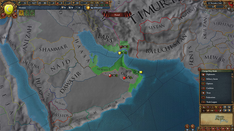 Hormuz's starting location and cores on both sides of the Persian Gulf. / EU4