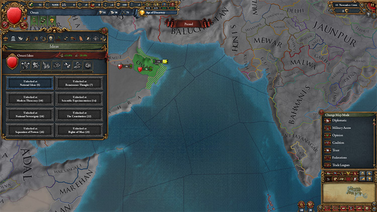 Oman in green, with their cores highlighted as well. / EU4