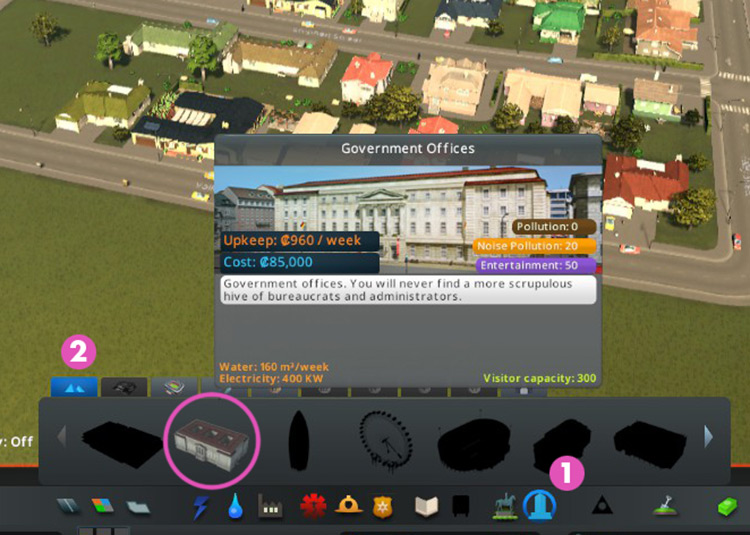 The Government Offices building in the Landmarks tab of the Unique Buildings menu. / Cities: Skylines