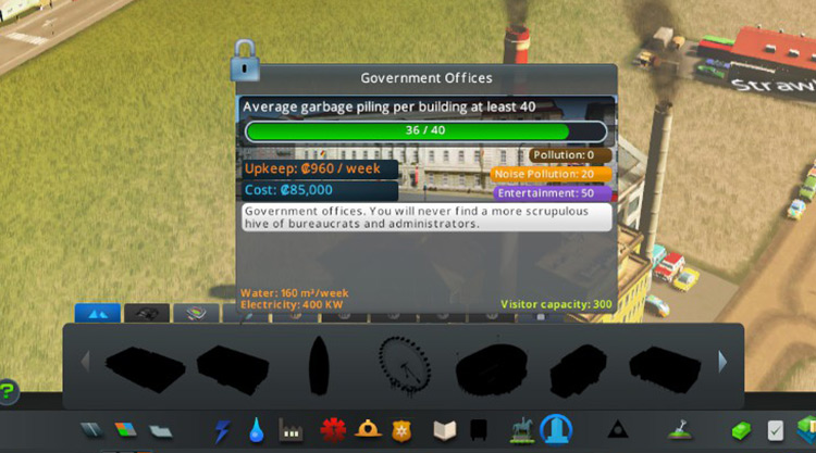 Hovering over the Government Offices in the build menu before it’s unlocked will show you its progress bar. / Cities: Skylines