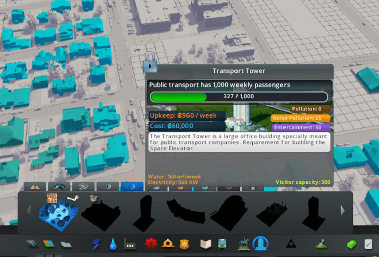 You can check your unlock progress by hovering over the Transport Tower in the build menu. / Cities: Skylines