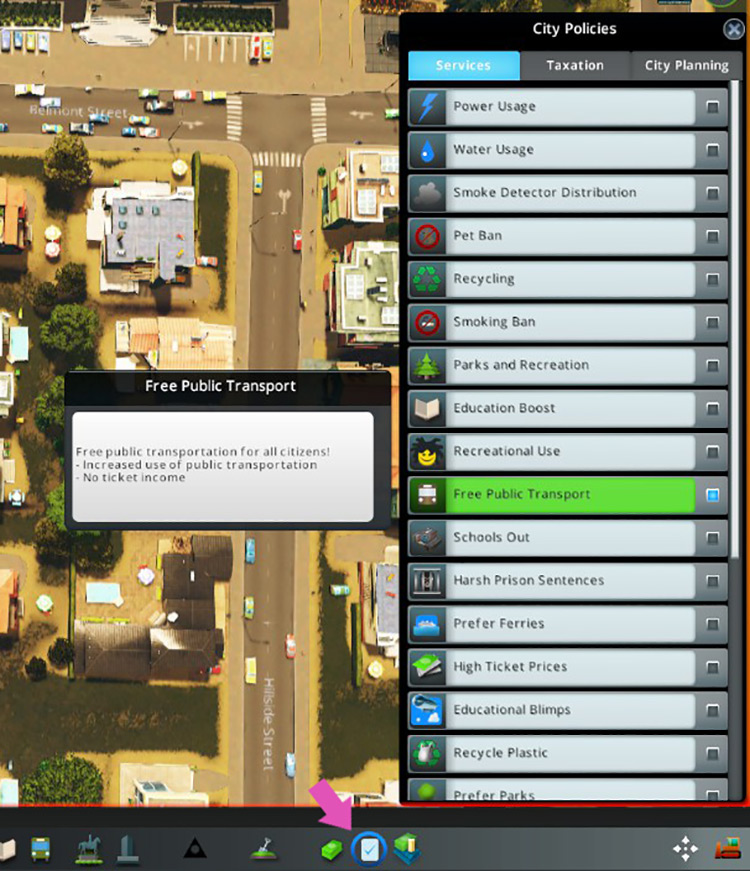 Open up the Policies panel then enable ‘Free Public Transport.’ / Cities: Skylines