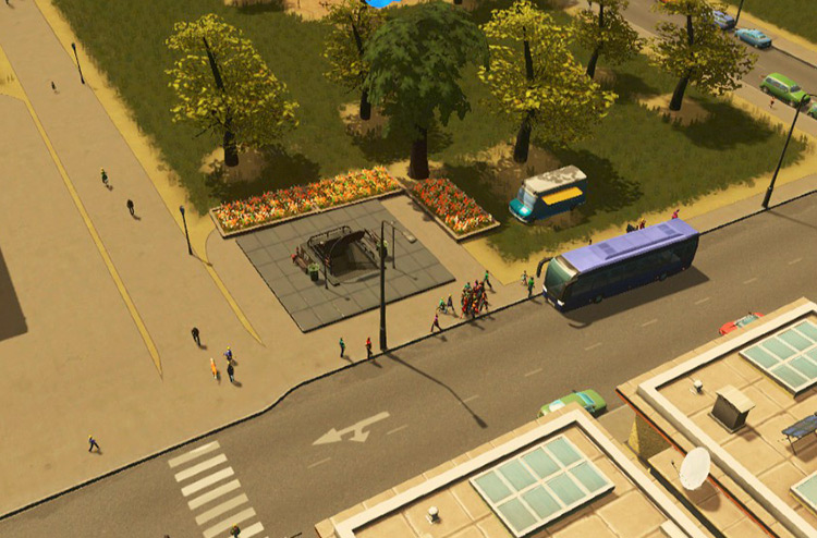 There’s a bus stop right at the entrance of this underground metro station, allowing people to transfer between the two modes of transport very easily. / Cities: Skylines