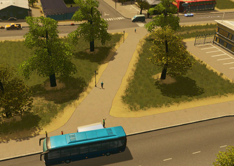 Pedestrian shortcuts like these reduce your citizens’ commute time, making them more likely to choose public transport instead of driving. / Cities: Skylines