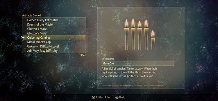 Quivering Candles in the Artifacts Menu