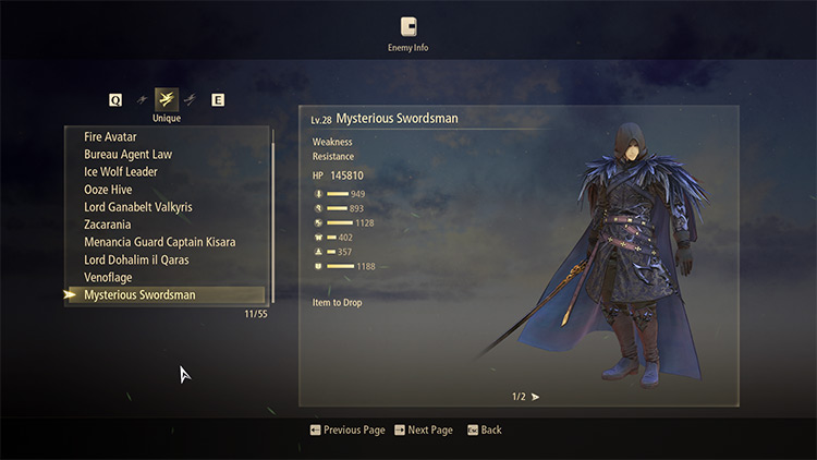 The Enemy Info screen for the Mysterious Swordsman. / Tales of Arise