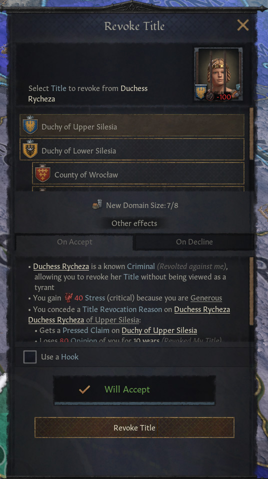 The Revoke Title option when used against a criminal - this action will give no Tyranny / Crusader Kings III