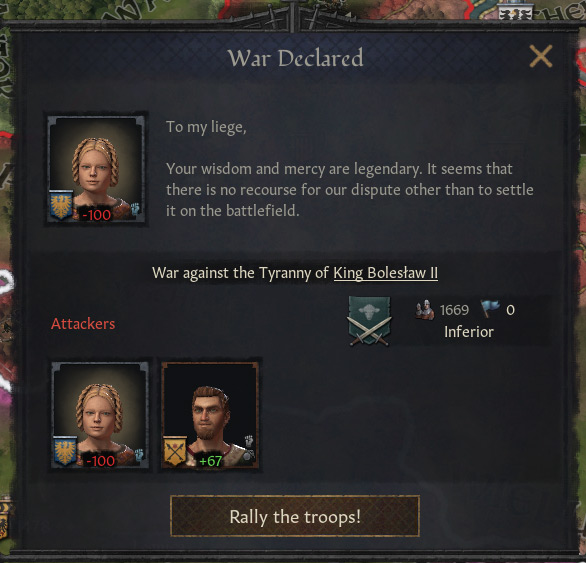 A war being declared after a Revoke Title action failed. Another character has joined this war / CK3