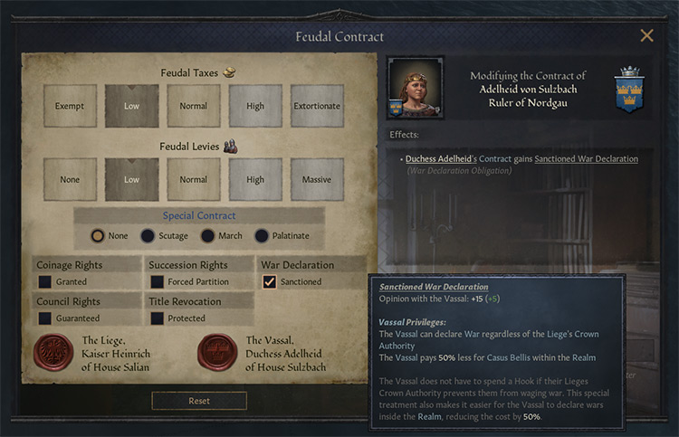 The tooltip for Sanctioned War Declaration in a vassal’s contract / CK3